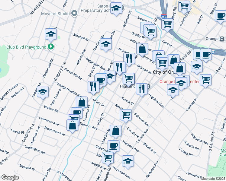 map of restaurants, bars, coffee shops, grocery stores, and more near 449 Valley Street in City of Orange
