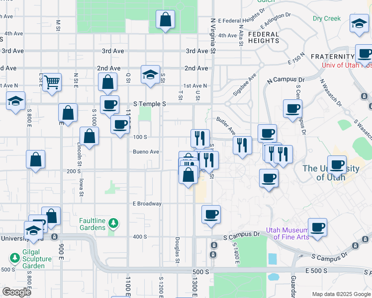 map of restaurants, bars, coffee shops, grocery stores, and more near 130 South 1300 East in Salt Lake City