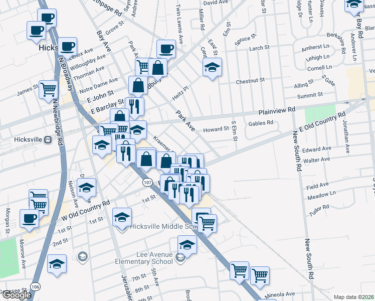 map of restaurants, bars, coffee shops, grocery stores, and more near 1 Clinton Street in Hicksville