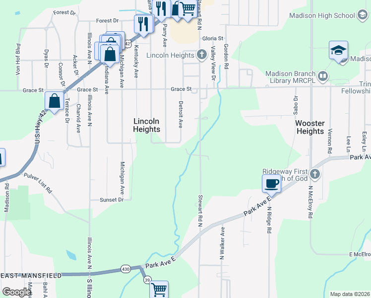 map of restaurants, bars, coffee shops, grocery stores, and more near 336 Detroit Avenue in Mansfield