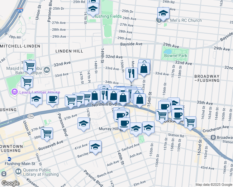 map of restaurants, bars, coffee shops, grocery stores, and more near 42-43 149th Place in Queens