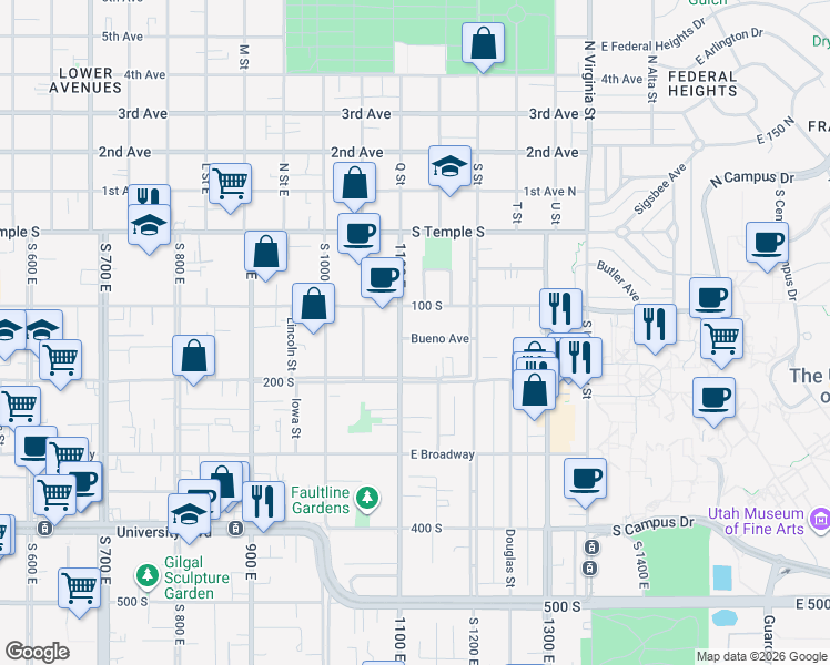 map of restaurants, bars, coffee shops, grocery stores, and more near 115 South 1100 East in Salt Lake City
