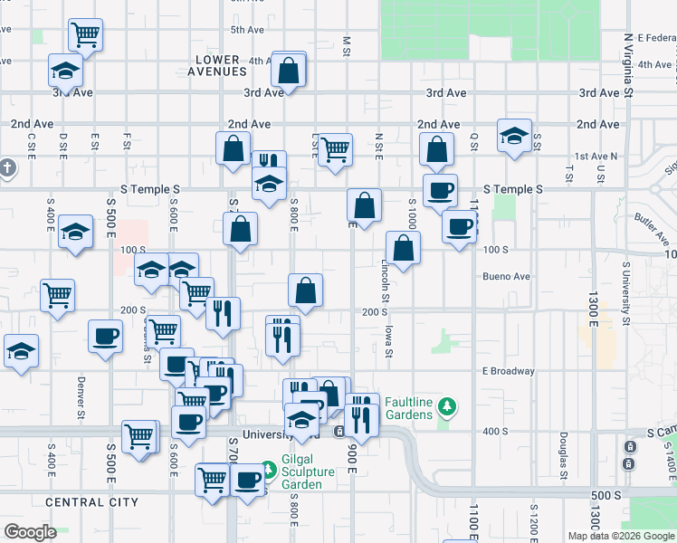 map of restaurants, bars, coffee shops, grocery stores, and more near 130 900 East in Salt Lake City