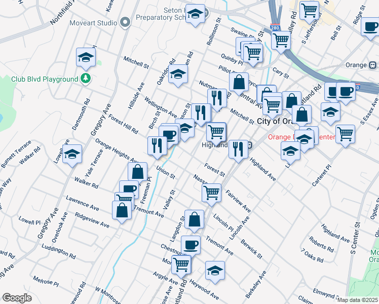 map of restaurants, bars, coffee shops, grocery stores, and more near 449 Valley Street in City of Orange