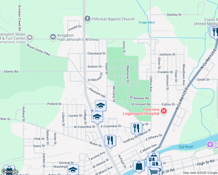 map of restaurants, bars, coffee shops, grocery stores, and more near 1602 Grant Street in Logansport