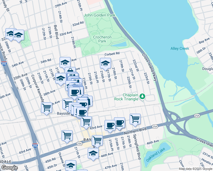 map of restaurants, bars, coffee shops, grocery stores, and more near 38-15 216th Street in Queens
