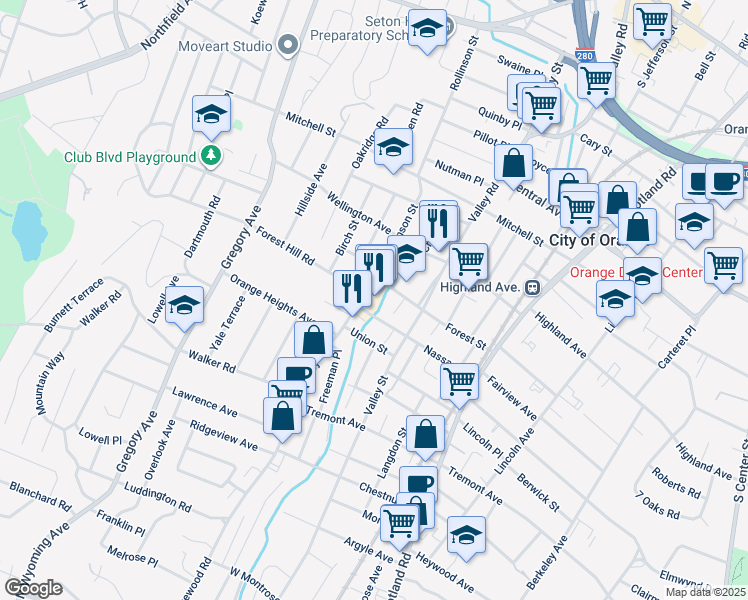 map of restaurants, bars, coffee shops, grocery stores, and more near 24 S Valley Rd in West Orange