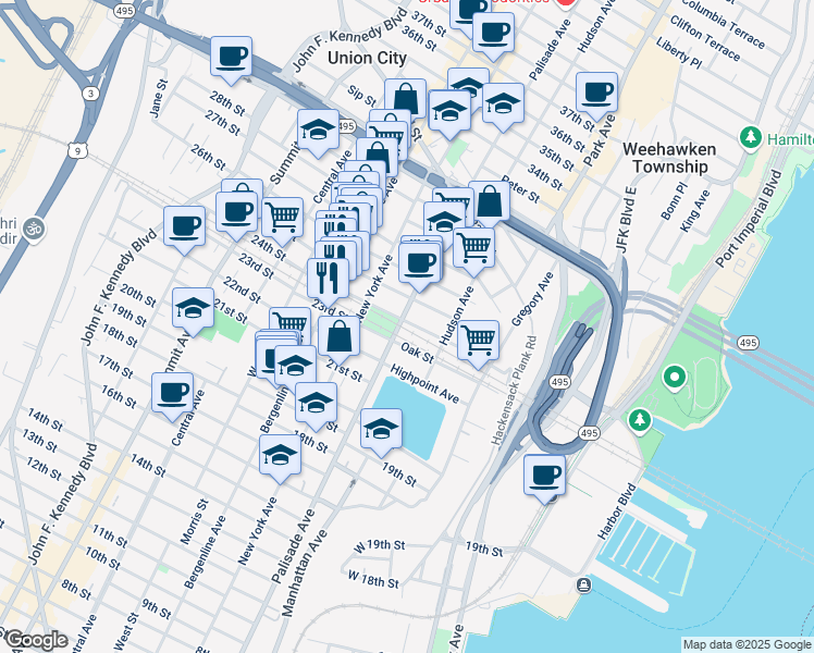 map of restaurants, bars, coffee shops, grocery stores, and more near 2410 Palisade Avenue in Weehawken