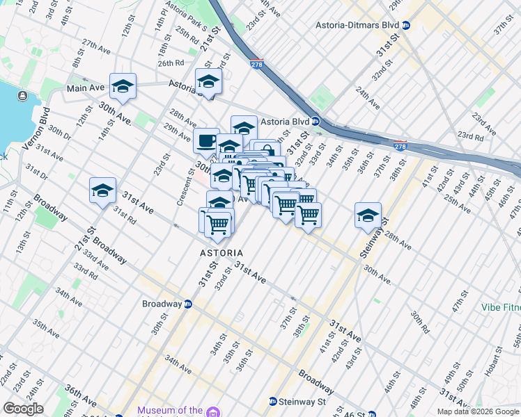 map of restaurants, bars, coffee shops, grocery stores, and more near 3105 30th Avenue in Queens