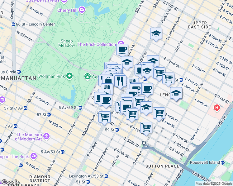map of restaurants, bars, coffee shops, grocery stores, and more near 42A East 65th Street in New York