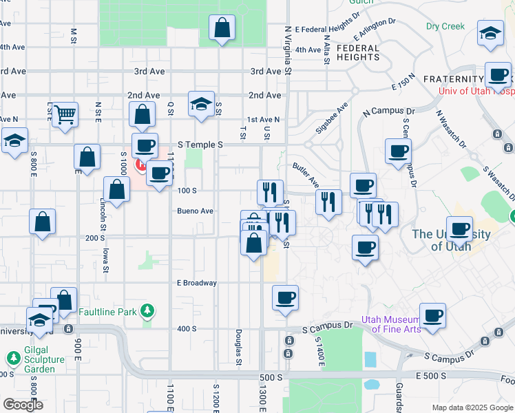 map of restaurants, bars, coffee shops, grocery stores, and more near 130 South 1300 East in Salt Lake City