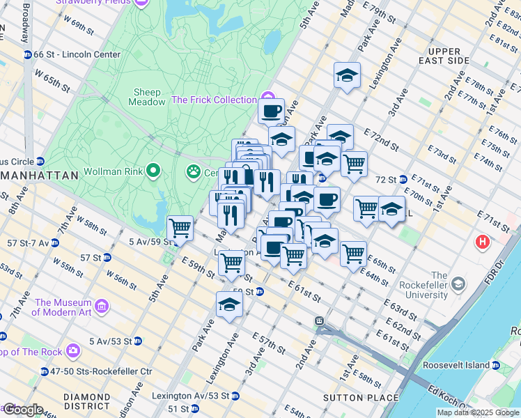 map of restaurants, bars, coffee shops, grocery stores, and more near 57 East 64th Street in New York