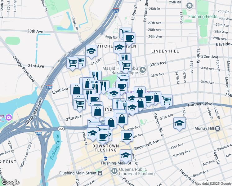 map of restaurants, bars, coffee shops, grocery stores, and more near 139-9 34th Road in Queens