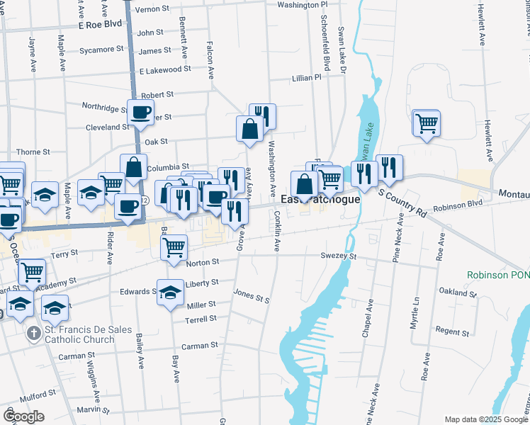 map of restaurants, bars, coffee shops, grocery stores, and more near 445 East Main Street in East Patchogue