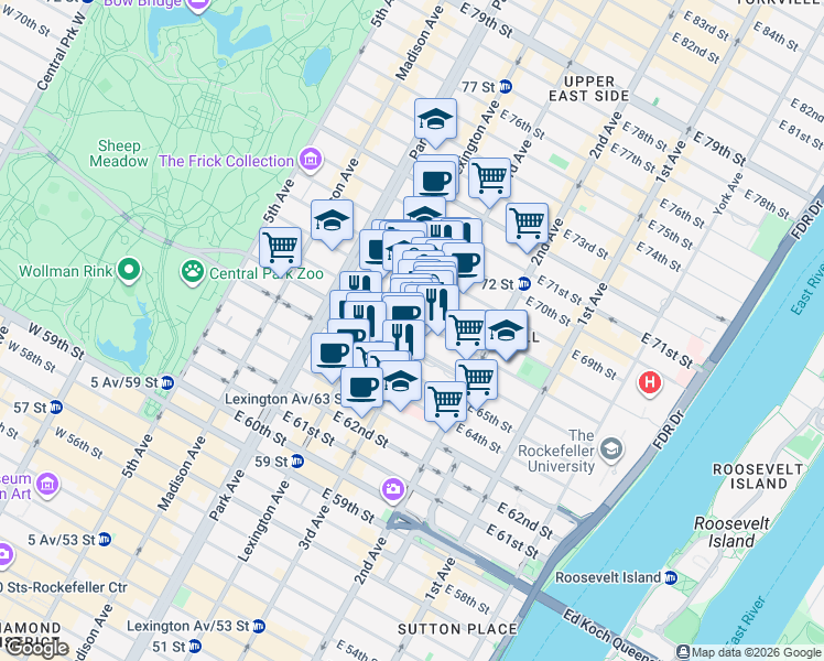 map of restaurants, bars, coffee shops, grocery stores, and more near 165 East 66th Street in New York