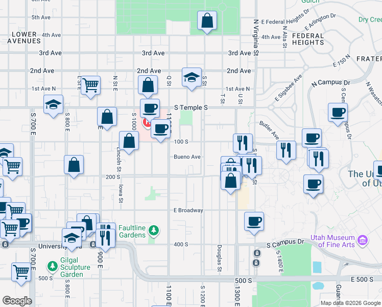 map of restaurants, bars, coffee shops, grocery stores, and more near 1161 East Bueno Avenue in Salt Lake City