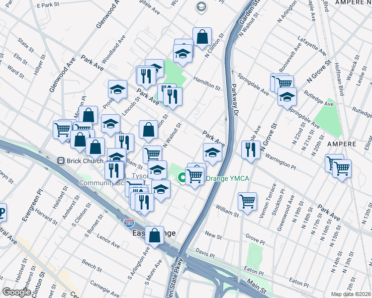map of restaurants, bars, coffee shops, grocery stores, and more near 12 Summit Street in East Orange