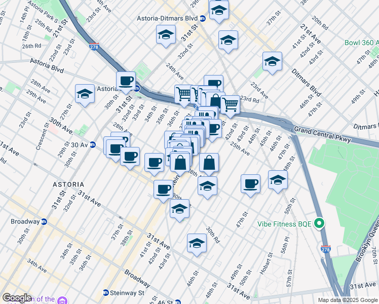 map of restaurants, bars, coffee shops, grocery stores, and more near 81 Steinway Street in Queens