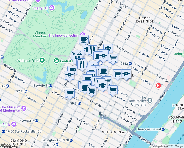 map of restaurants, bars, coffee shops, grocery stores, and more near 129 East 65th Street in New York