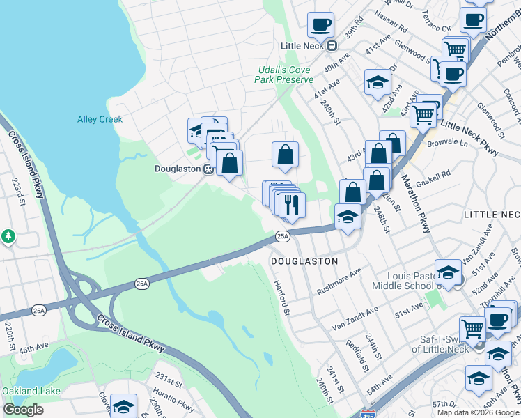 map of restaurants, bars, coffee shops, grocery stores, and more near 43-25 Douglaston Parkway in Queens