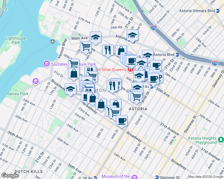 map of restaurants, bars, coffee shops, grocery stores, and more near 23-18 30th Drive in Queens