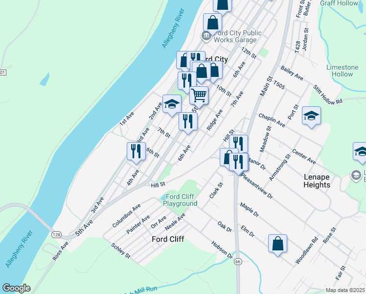map of restaurants, bars, coffee shops, grocery stores, and more near 705 5th Avenue in Ford City