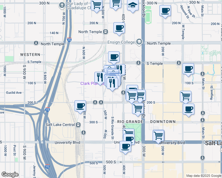 map of restaurants, bars, coffee shops, grocery stores, and more near 151 South Rio Grande Street in Salt Lake City