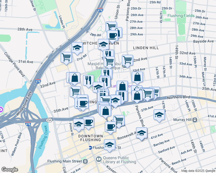 map of restaurants, bars, coffee shops, grocery stores, and more near Union St & 34th Ave in Queens