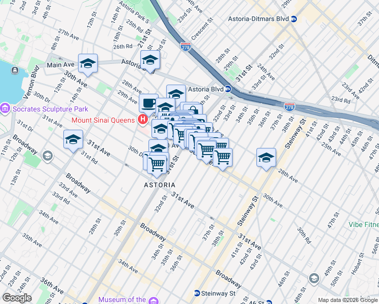 map of restaurants, bars, coffee shops, grocery stores, and more near 31-16 30th Avenue in Queens