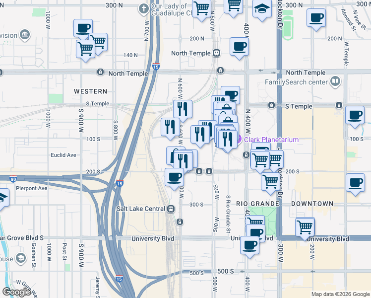 map of restaurants, bars, coffee shops, grocery stores, and more near 145 South 600 West in Salt Lake City