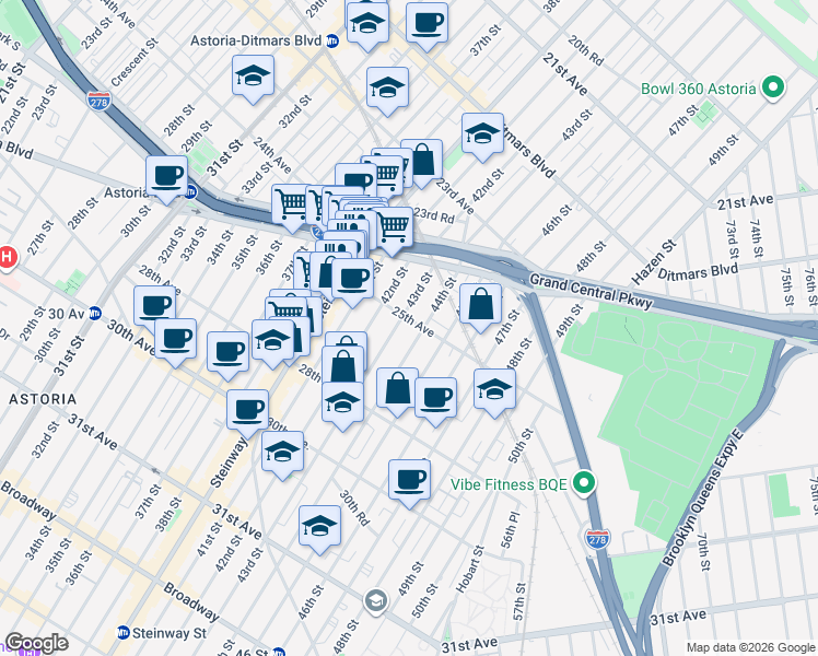 map of restaurants, bars, coffee shops, grocery stores, and more near 43-10 25th Avenue in Queens