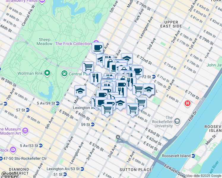 map of restaurants, bars, coffee shops, grocery stores, and more near 894 Lexington Avenue in New York