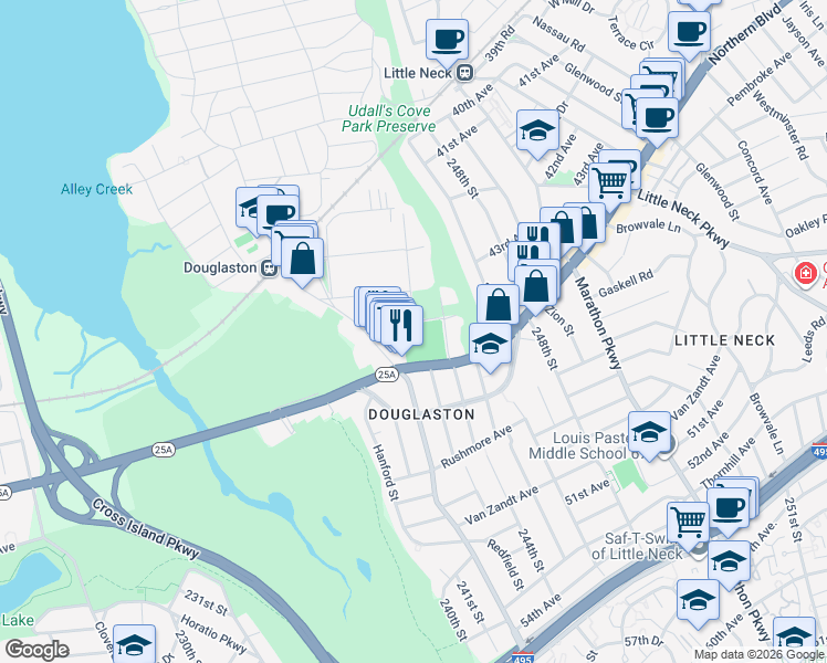 map of restaurants, bars, coffee shops, grocery stores, and more near 4326 243rd Street in Queens