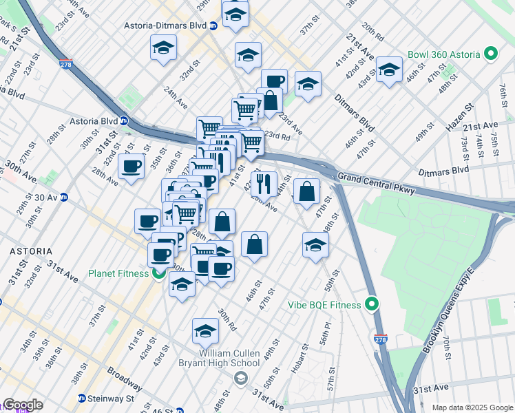 map of restaurants, bars, coffee shops, grocery stores, and more near 25-07 43rd Street in Queens