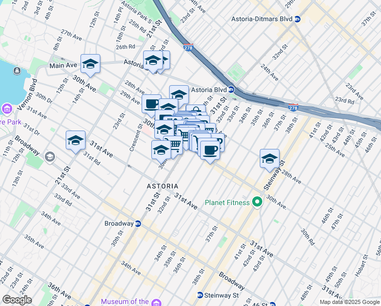 map of restaurants, bars, coffee shops, grocery stores, and more near 3105 30th Avenue in Queens