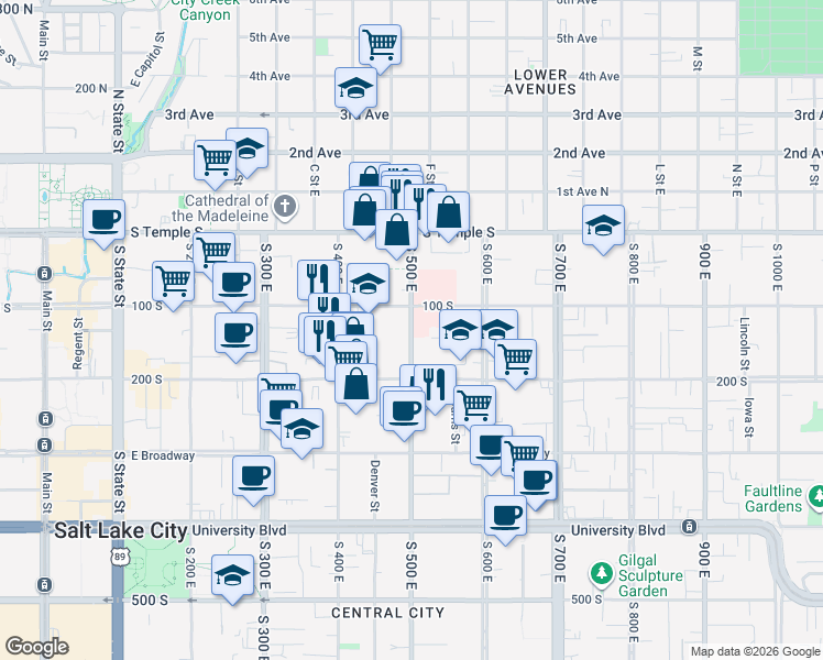 map of restaurants, bars, coffee shops, grocery stores, and more near 130 South 5th East in Salt Lake City