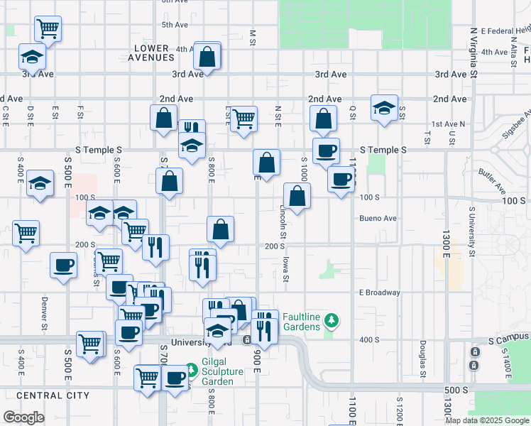 map of restaurants, bars, coffee shops, grocery stores, and more near 100 900 East in Salt Lake City