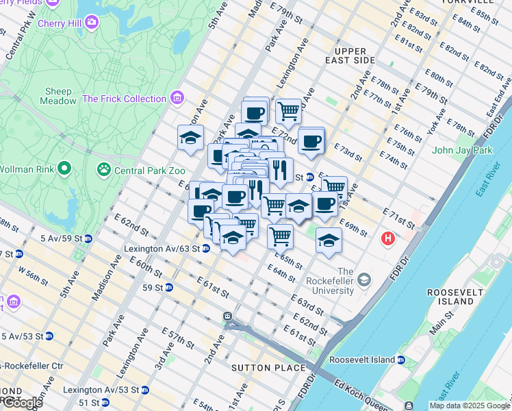 map of restaurants, bars, coffee shops, grocery stores, and more near 201 East 67th Street in New York
