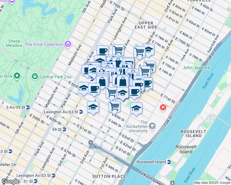 map of restaurants, bars, coffee shops, grocery stores, and more near 200 East 68th Street in New York