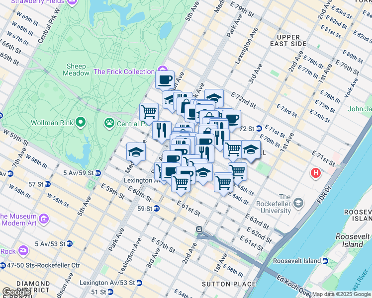 map of restaurants, bars, coffee shops, grocery stores, and more near 894 Lexington Avenue in New York