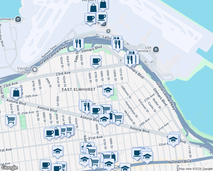 map of restaurants, bars, coffee shops, grocery stores, and more near 23-53 98th Street in Queens
