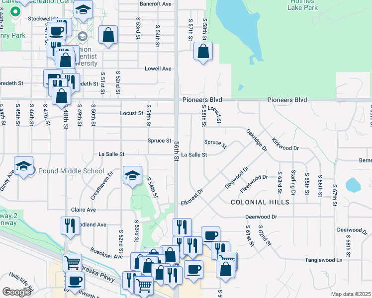 map of restaurants, bars, coffee shops, grocery stores, and more near 4625 South 57th Street in Lincoln