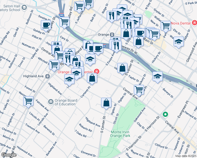 map of restaurants, bars, coffee shops, grocery stores, and more near 323 Central Avenue in City of Orange