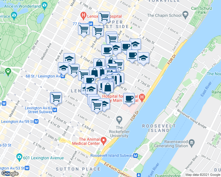 map of restaurants, bars, coffee shops, grocery stores, and more near 1st Avenue & E 70th St in New York