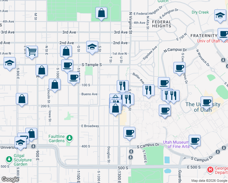 map of restaurants, bars, coffee shops, grocery stores, and more near 130 South 1300 East in Salt Lake City