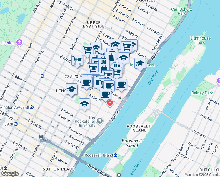 map of restaurants, bars, coffee shops, grocery stores, and more near 1339 York Avenue in New York