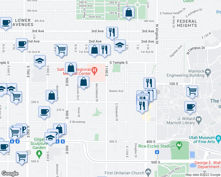 map of restaurants, bars, coffee shops, grocery stores, and more near 115 1100 East in Salt Lake City