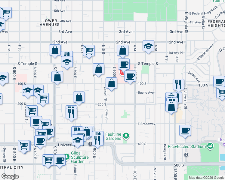 map of restaurants, bars, coffee shops, grocery stores, and more near 970 East 100 South in Salt Lake City
