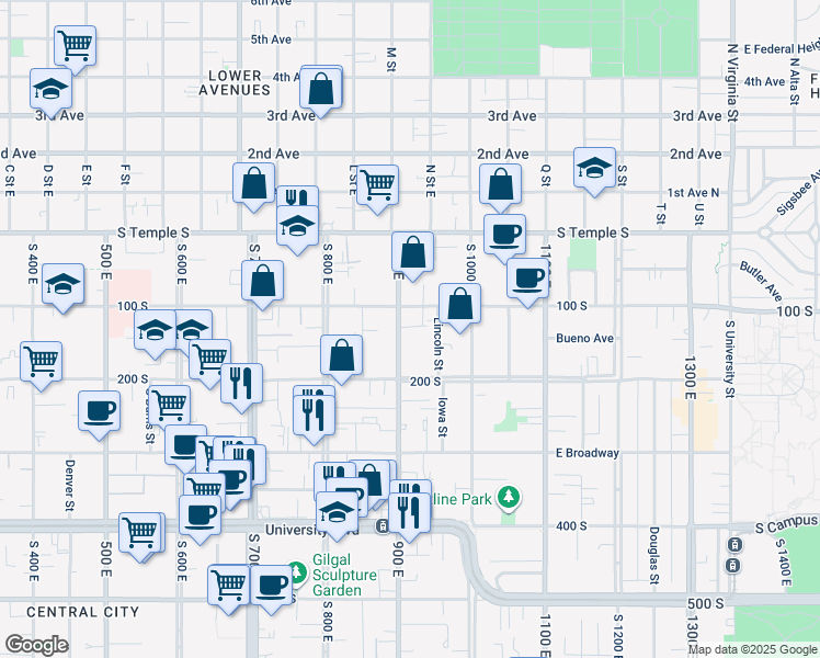 map of restaurants, bars, coffee shops, grocery stores, and more near 100 900 East in Salt Lake City