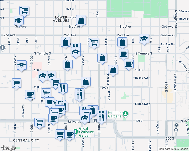 map of restaurants, bars, coffee shops, grocery stores, and more near 100 900 East in Salt Lake City